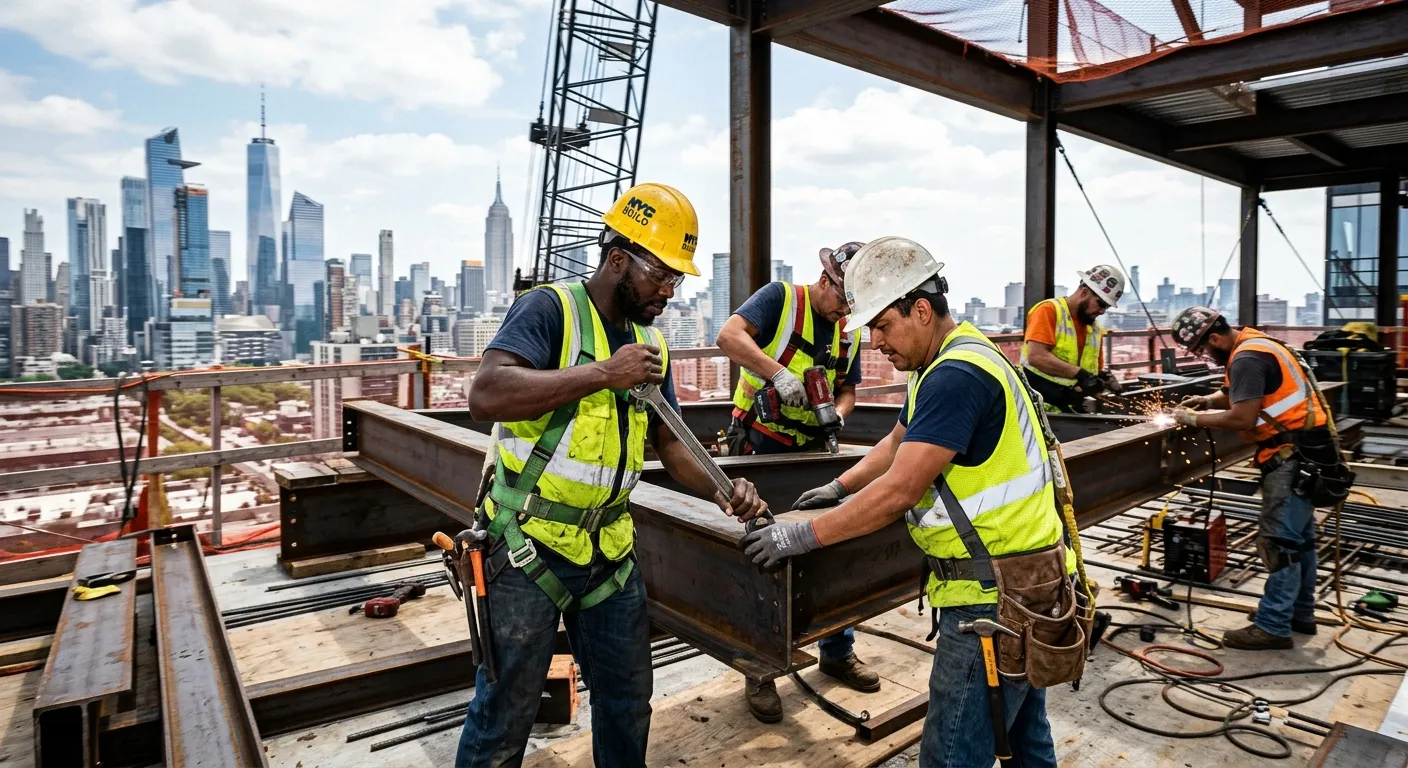 A dynamic, high-energy shot of skilled construction workers collaborating on a modern high-rise proj... A dynamic, high-energy shot of skilled construction workers collaborating on a modern high-rise project in Manhattan, with the NYC skyline blurred in the background. The mood is professional, efficient, and industrious.