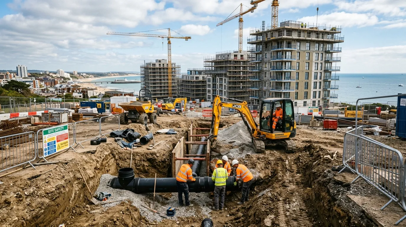 A wide-angle photograph of a busy Bournemouth construction site with groundworkers laying drainage pipes in a trench, with modern apartment buildings under construction in the background.