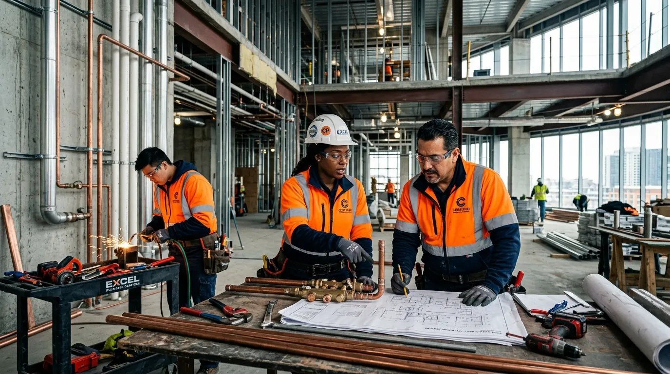 A high-contrast, professional hero image featuring a diverse team of certified plumbers in high-visibility gear collaborating on a modern commercial construction site, with tools and blueprints visible. Style: Modern, professional, aspirational. Mood: Competent, reliable, and forward-thinking.