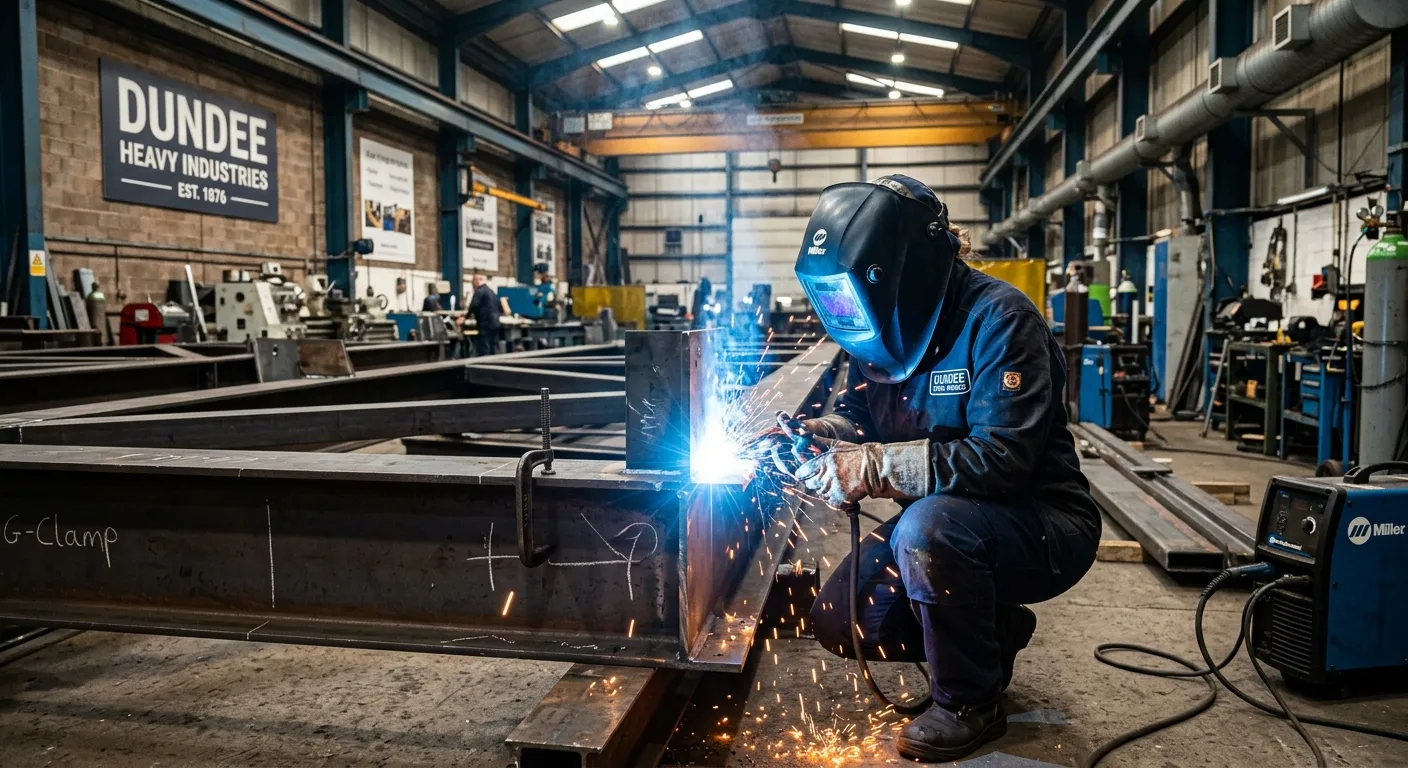 Professional welder in full PPE, arc welding on a steel structure inside a modern industrial worksho... Professional welder in full PPE, arc welding on a steel structure inside a modern industrial workshop in Dundee, sparks flying, high-quality realistic photo