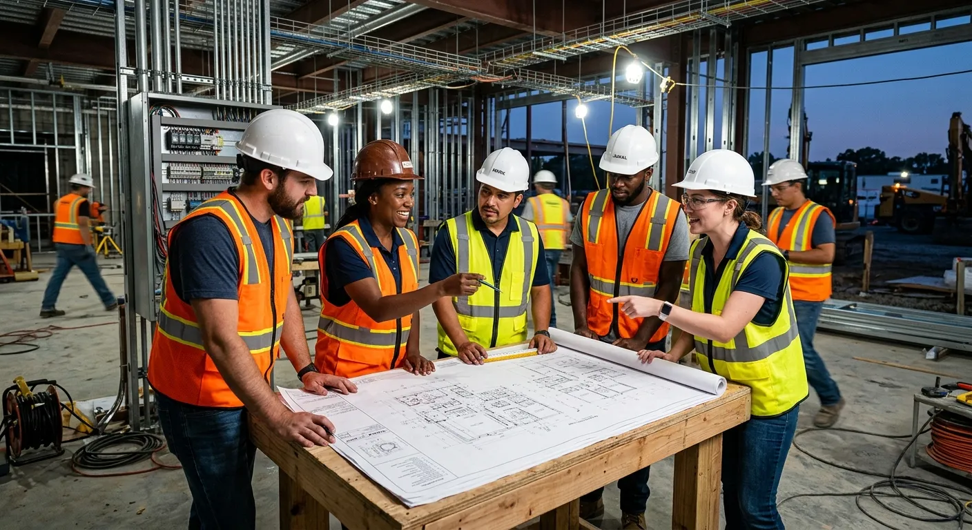 A professional, high-energy shot of a diverse team of electricians and project managers in high-visibility vests collaborating over blueprints on a modern construction site, with industrial lighting and electrical conduit in the background. Style: Professional, vibrant, and authoritative. Mood: Collaborative, skilled, and efficient.