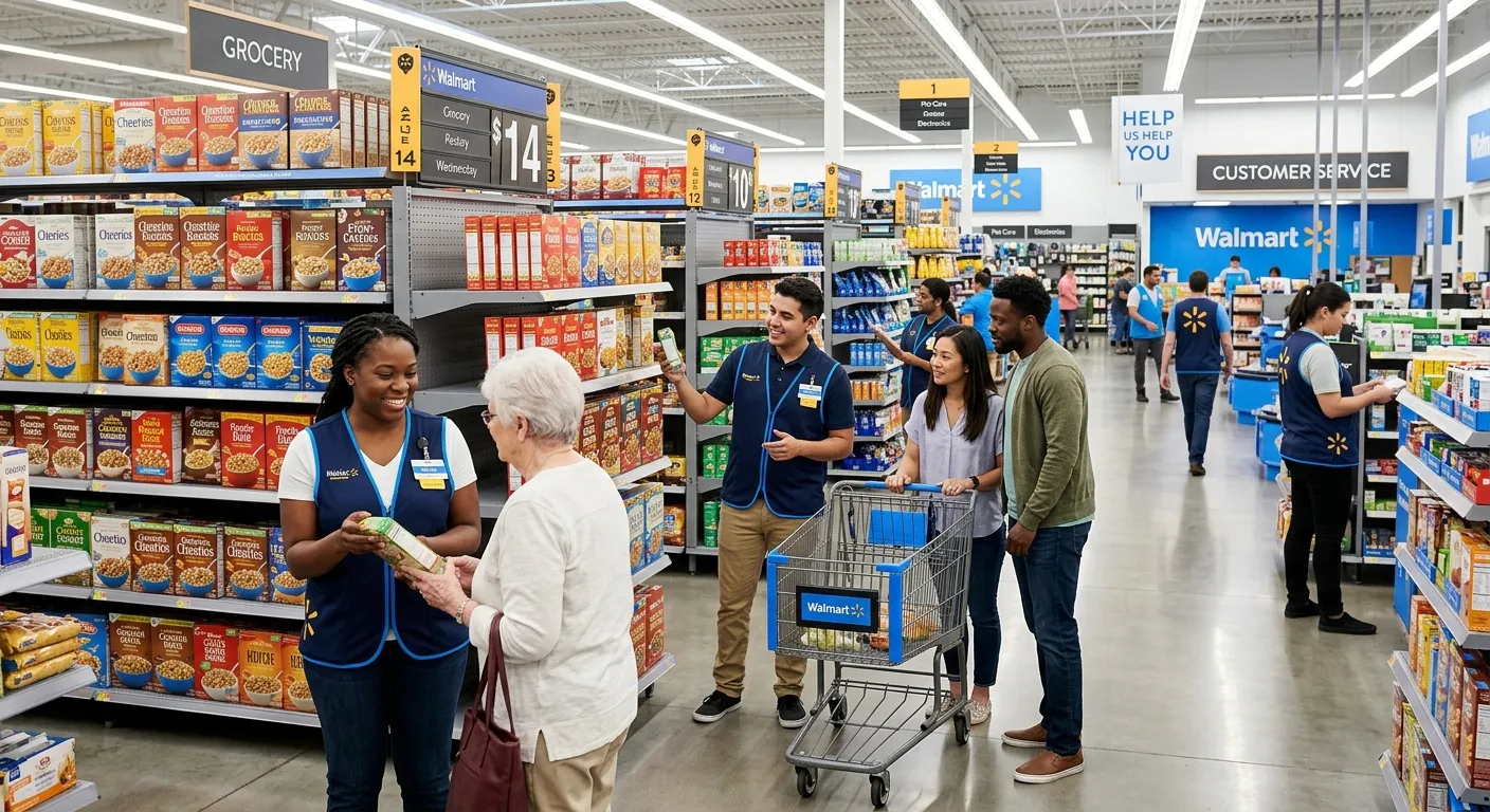 A professional, high-contrast image of a modern Walmart store interior with associates in blue vests assisting customers, focusing on a diverse team in a well-lit, clean environment. Style: Corporate, realistic. Mood: Professional, welcoming, and efficient.