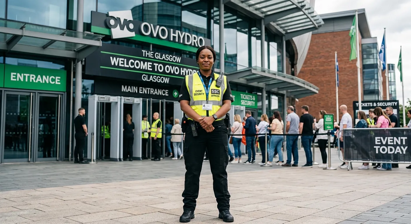 A professional, confident Event Security Guard in a hi-vis vest and black trousers, standing watch at the entrance of a modern event venue in Glasgow, with clear signage and crowds in the background. Professional recruitment style.