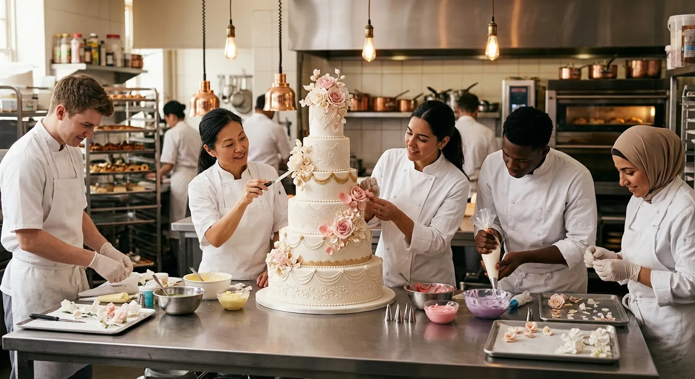 A high-resolution, professional photo of a pristine pastry kitchen. A diverse team of pastry chefs i... A high-resolution, professional photo of a pristine pastry kitchen. A diverse team of pastry chefs in crisp whites are collaboratively decorating an elaborate wedding cake. The mood is focused, skilled, and vibrant, with warm lighting highlighting the intricate details of the pastries.