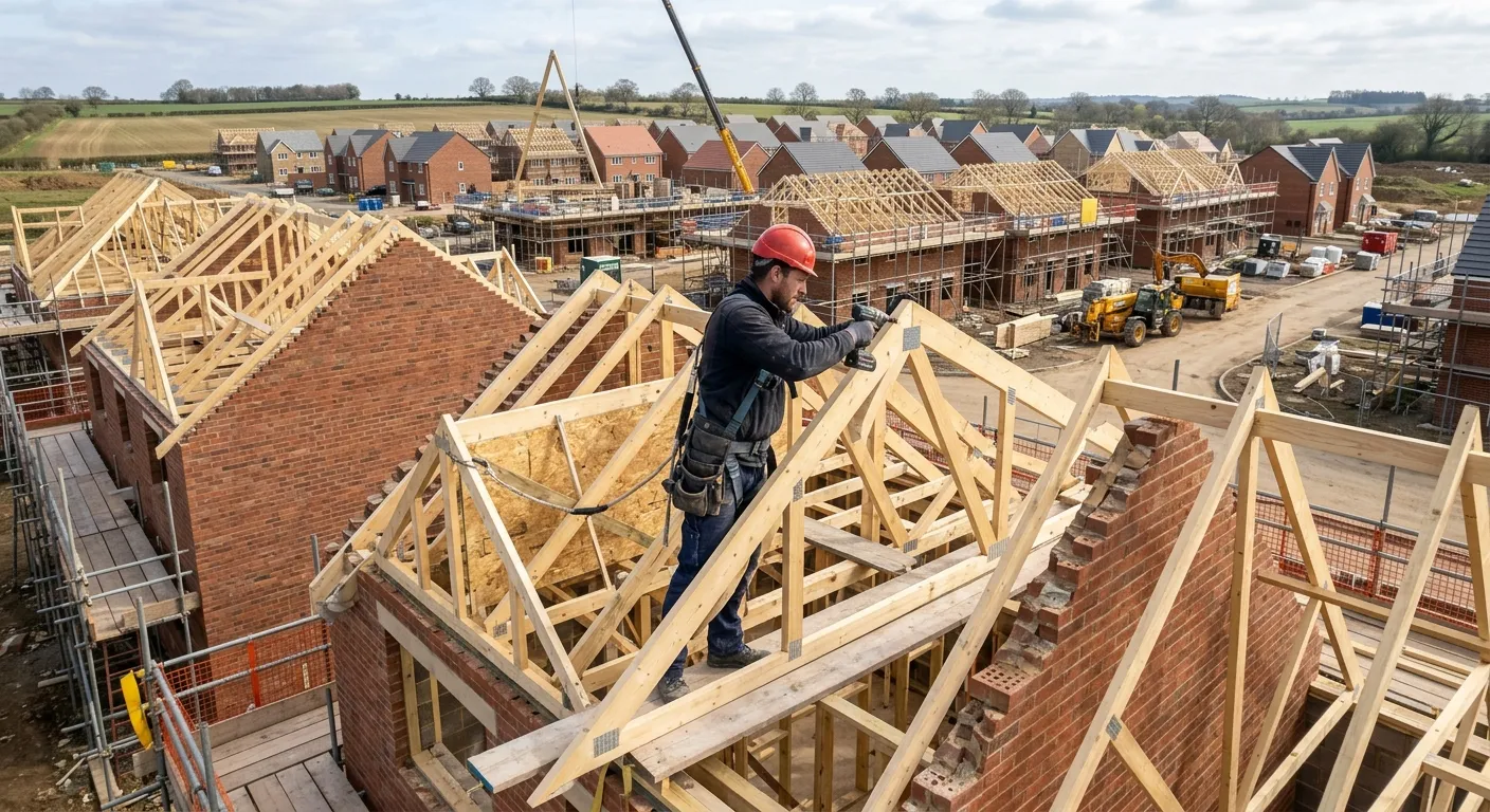 A carpenter installing roof trusses on a new-build housing estate in Northampton, with multiple identical houses under construction in the background.