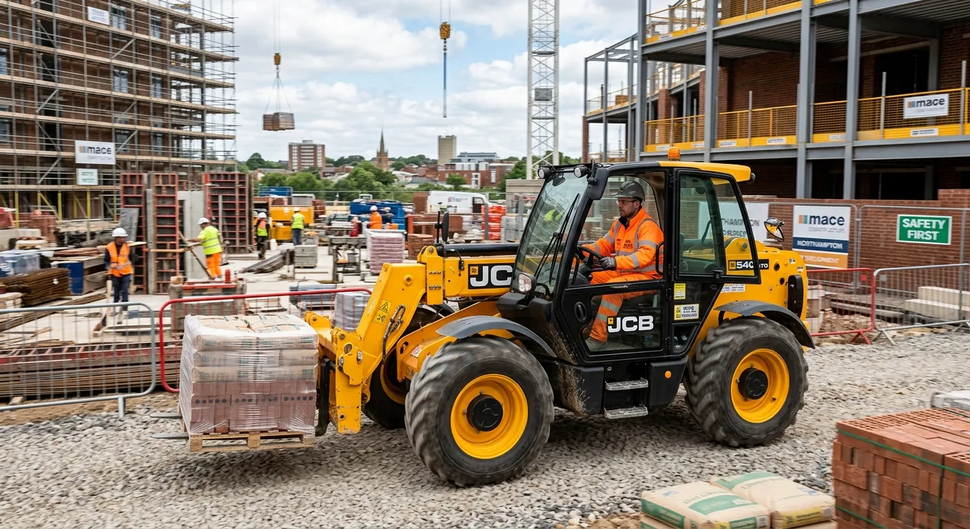 A professional, action-oriented hero image. A skilled Telehandler Operator in full PPE, safely manoeuvring materials on a busy, well-organised construction site in Northampton. The image should convey professionalism, safety, and industry demand.