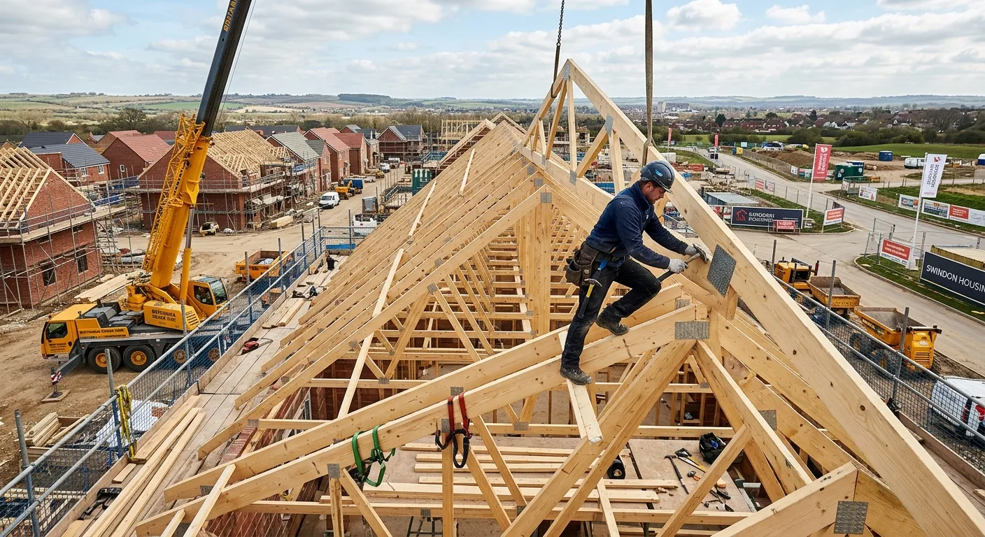 A carpenter installing roof trusses on a new-build housing development in Swindon, showing the scale... A carpenter installing roof trusses on a new-build housing development in Swindon, showing the scale of the timber structure.