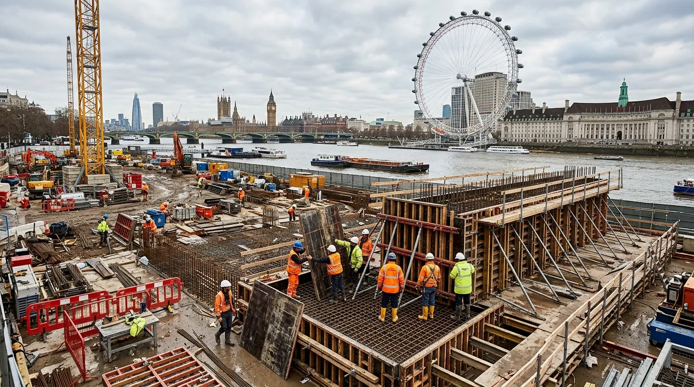 A wide-angle photo of a major construction site on the South Bank, with the Thames and the London Eye in the background, showing groundworkers setting up formwork.