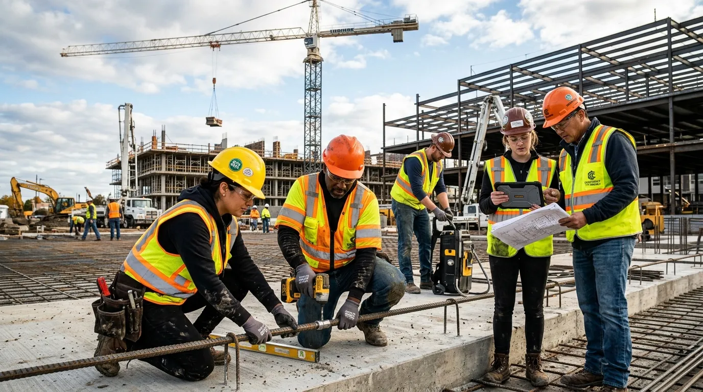 A high-contrast, professional hero image showing a diverse team of construction workers in high-visi... A high-contrast, professional hero image showing a diverse team of construction workers in high-visibility gear on a large, active construction site. They are collaborating on a task, with a focus on safety equipment and professional tools. The mood is dynamic, productive, and trustworthy.
