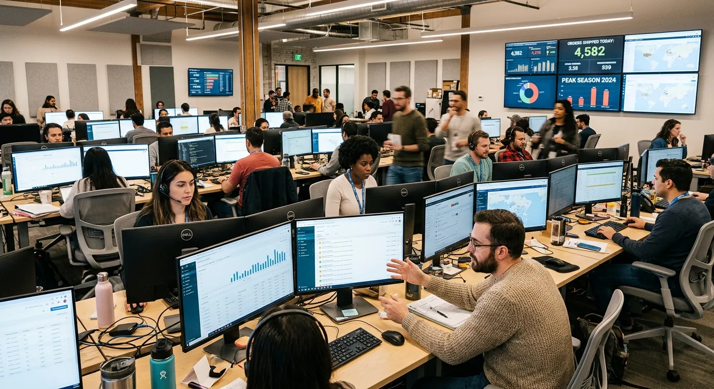 A modern, bustling e-commerce office workspace showing a diverse team of temporary and permanent sta... A modern, bustling e-commerce office workspace showing a diverse team of temporary and permanent staff collaboratively managing multiple computer screens displaying order dashboards and customer service tickets during a peak season.