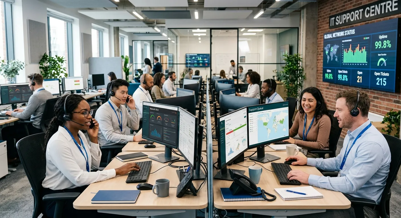 A modern, dynamic office environment with a diverse team of 1st line helpdesk agents wearing headset... A modern, dynamic office environment with a diverse team of 1st line helpdesk agents wearing headsets, working on multiple monitors displaying network dashboards and ticketing systems. Style is professional, high-energy, with a focus on collaboration and technology.