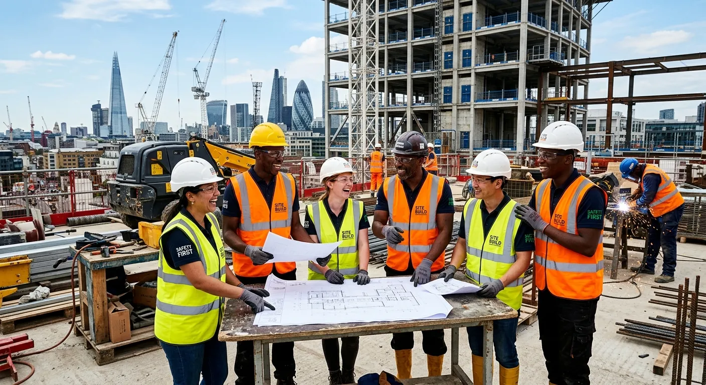 A professional, high-energy shot of a diverse group of construction labourers in high-visibility gear, smiling and collaborating on a modern urban construction site. The style should be bright, sharp, and inspiring, with a focus on teamwork and safety.