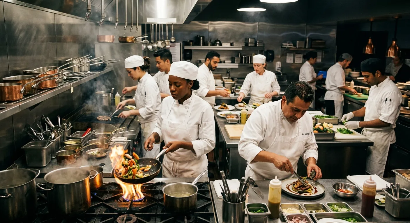 A dynamic, high-energy kitchen scene with a diverse team of chefs in crisp whites working in a moder... A dynamic, high-energy kitchen scene with a diverse team of chefs in crisp whites working in a modern, professional kitchen. Focus on action, precision, and teamwork. Moody lighting with highlights on fresh ingredients and polished surfaces.