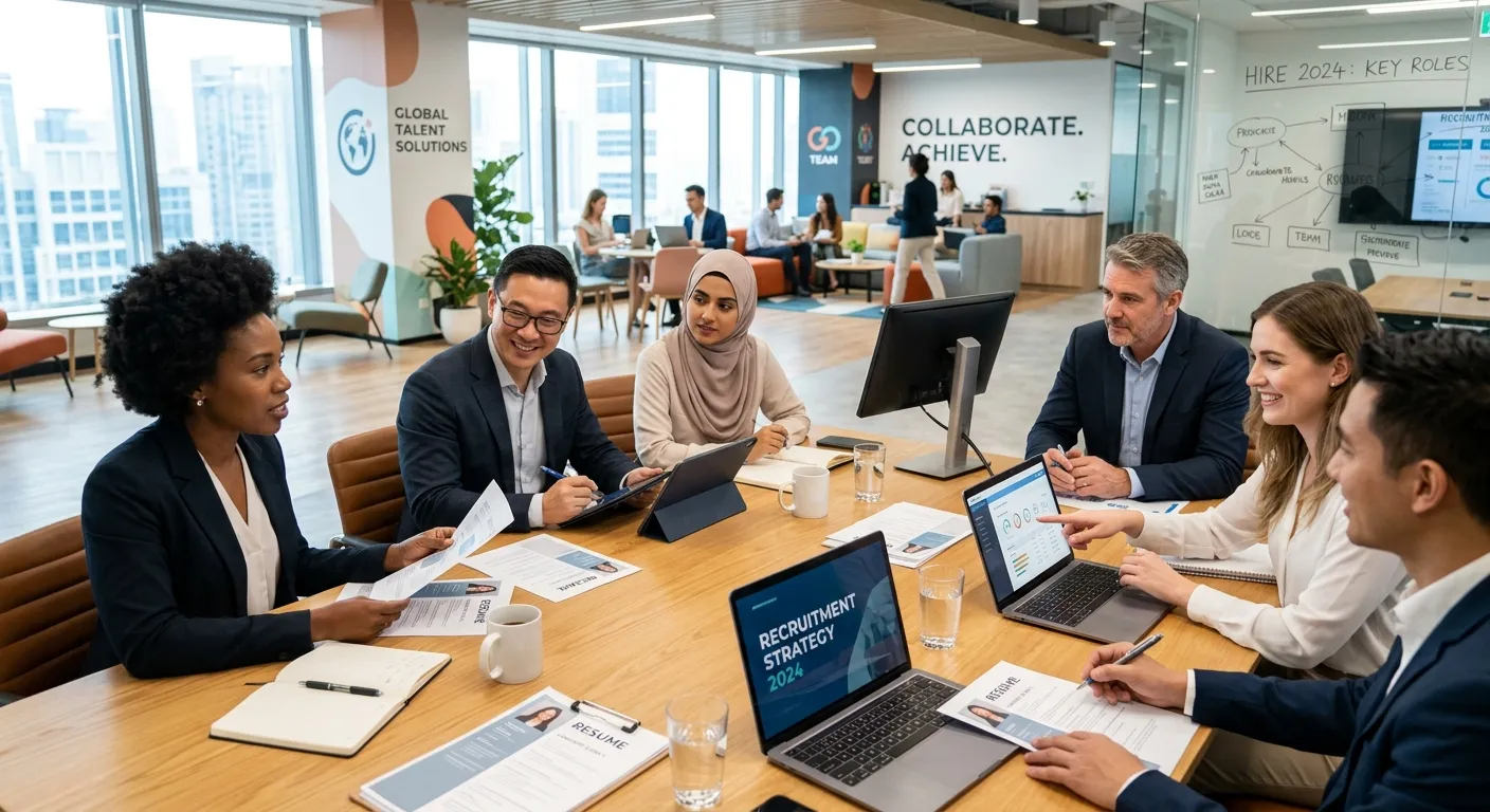 A professional, modern office environment with a diverse team of recruiters and business managers collaborating around a table, reviewing candidate profiles and strategic plans. The mood is focused, successful, and forward-thinking.