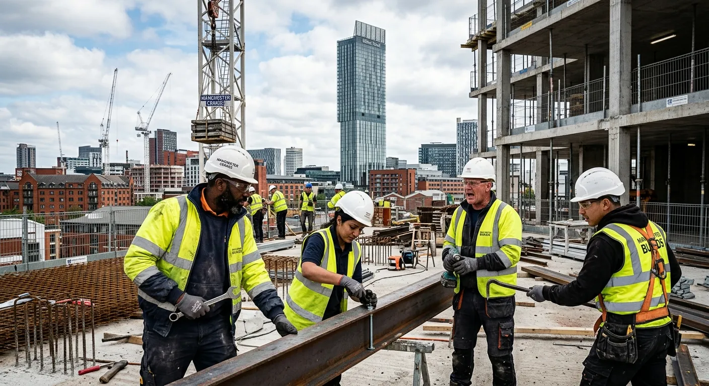 A dynamic, professional photo of a diverse team of skilled construction workers collaborating on a m... A dynamic, professional photo of a diverse team of skilled construction workers collaborating on a modern building site in Manchester city centre, with cranes and the Beetham Tower in the background. Style: Realistic, high-contrast, professional. Mood: Busy, productive, and skilled.