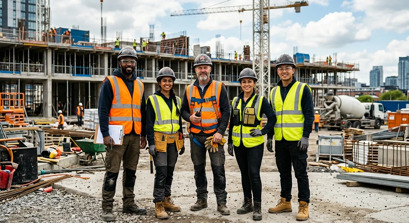 A diverse group of construction labourers in high-visibility vests standing confidently on a busy, modern construction site, looking towards the camera. Style: Professional, high-resolution, vibrant. Mood: Capable, reliable, and ready-for-work.