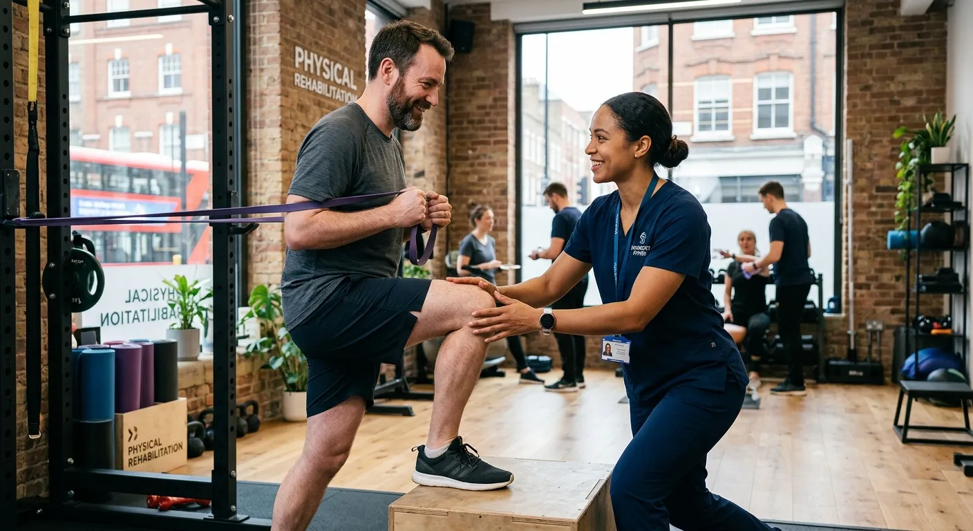 A professional, confident physiotherapist in a modern clinic in Shoreditch, assisting a patient with... A professional, confident physiotherapist in a modern clinic in Shoreditch, assisting a patient with a rehabilitation exercise, conveying trust, expertise, and a positive healthcare environment.