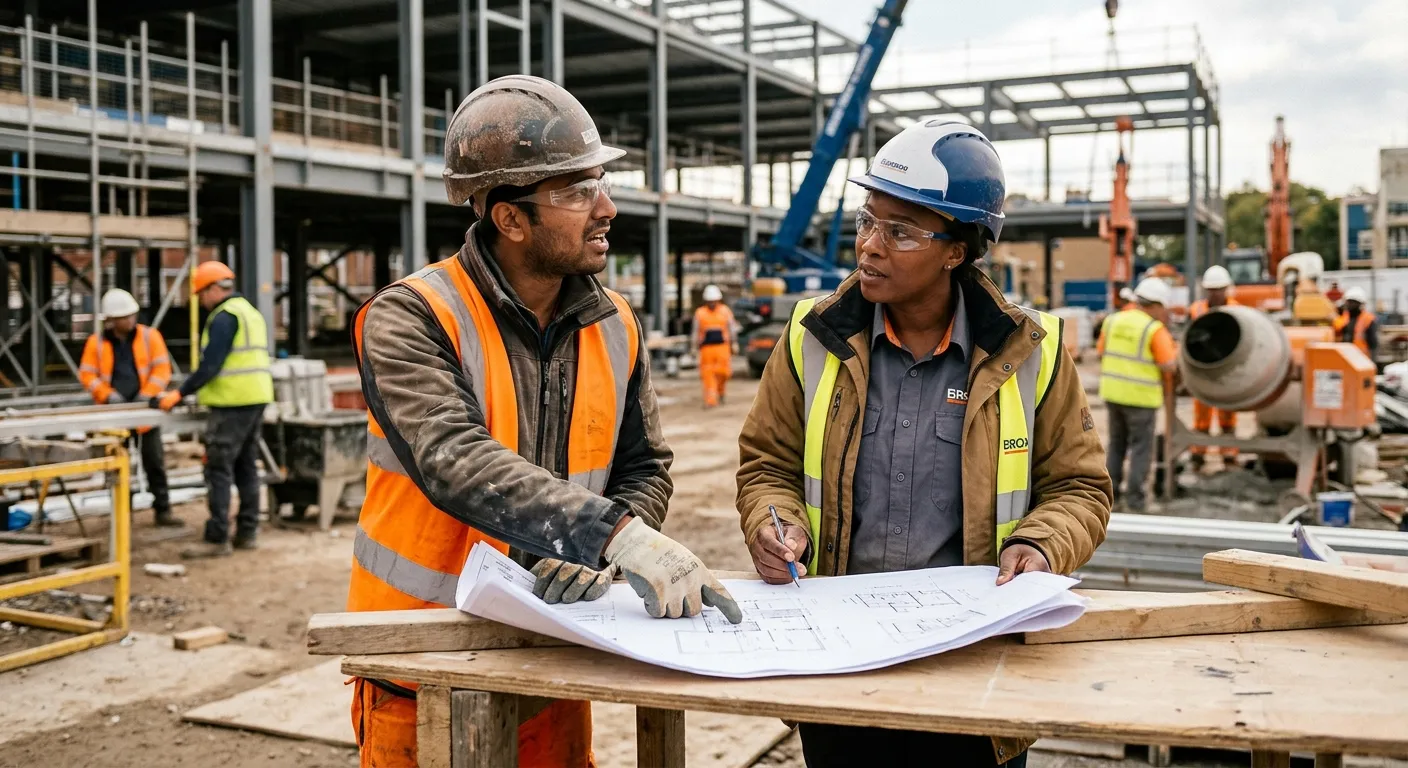 A construction labourer on a busy site, reviewing plans with a supervisor, demonstrating engagement and proactive communication.