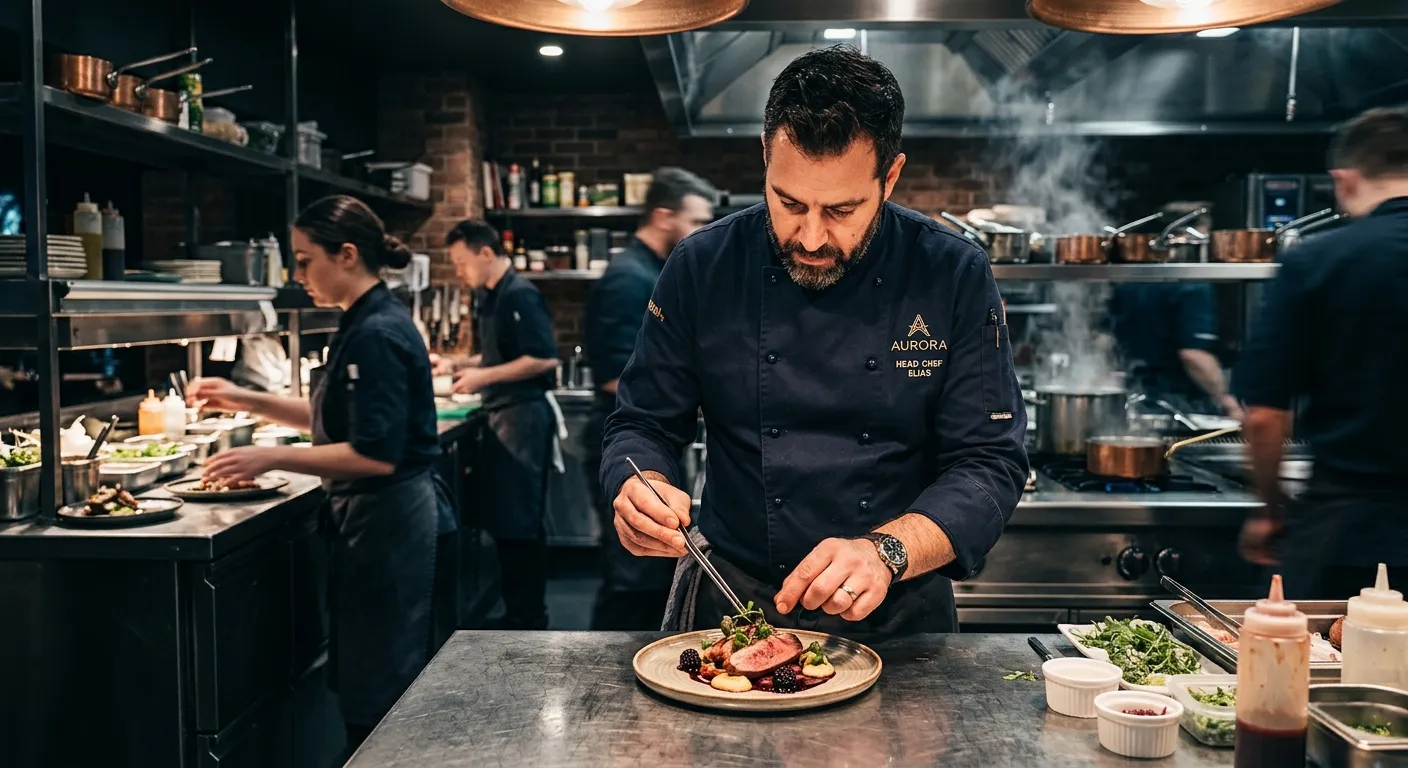 A dynamic, high-resolution hero image of a professional chef in a busy, modern kitchen. Focus on action—perhaps garnishing a plate or directing a team. The mood is professional, energetic, and high-end. Use a dark, slightly desaturated filter for overlay compatibility.