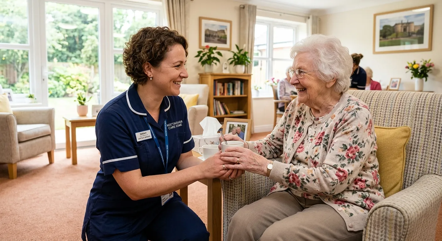 A professional and compassionate Care Worker assisting an elderly person in a bright, clean resident... A professional and compassionate Care Worker assisting an elderly person in a bright, clean residential care home in Nottingham. The image should convey trust, care, and professionalism.