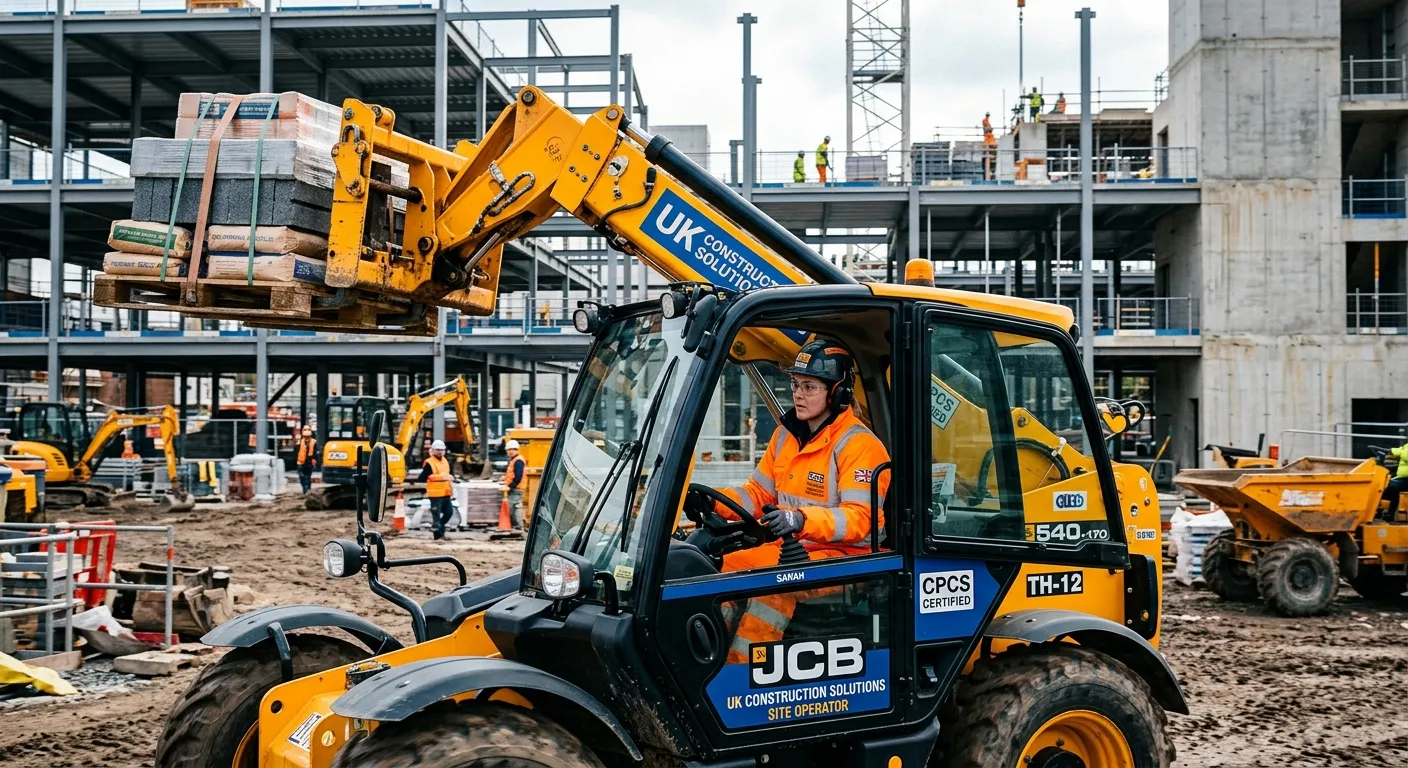 A professional, high-contrast image of a CPCS-certified telehandler operator in a hi-vis vest expert... A professional, high-contrast image of a CPCS-certified telehandler operator in a hi-vis vest expertly maneuvering a load on a busy, modern UK construction site. The image should convey precision, safety, and industrial efficiency.