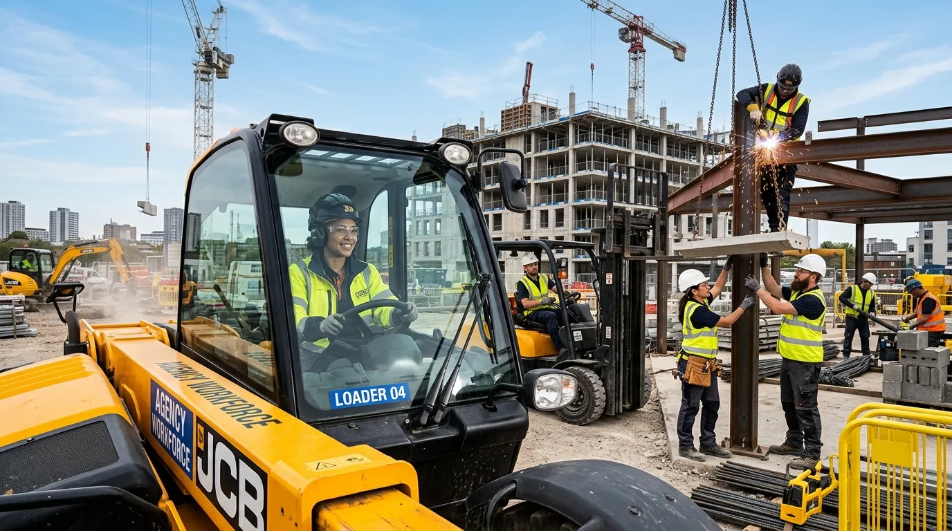 A dynamic, professional hero image showing a diverse group of skilled agency workers on a modern construction site. Focus on a Telehandler Operator in a cab, with other labourers in high-visibility gear collaborating in the background. Bright, clear day with a sense of action and reliability. Industrial mood.