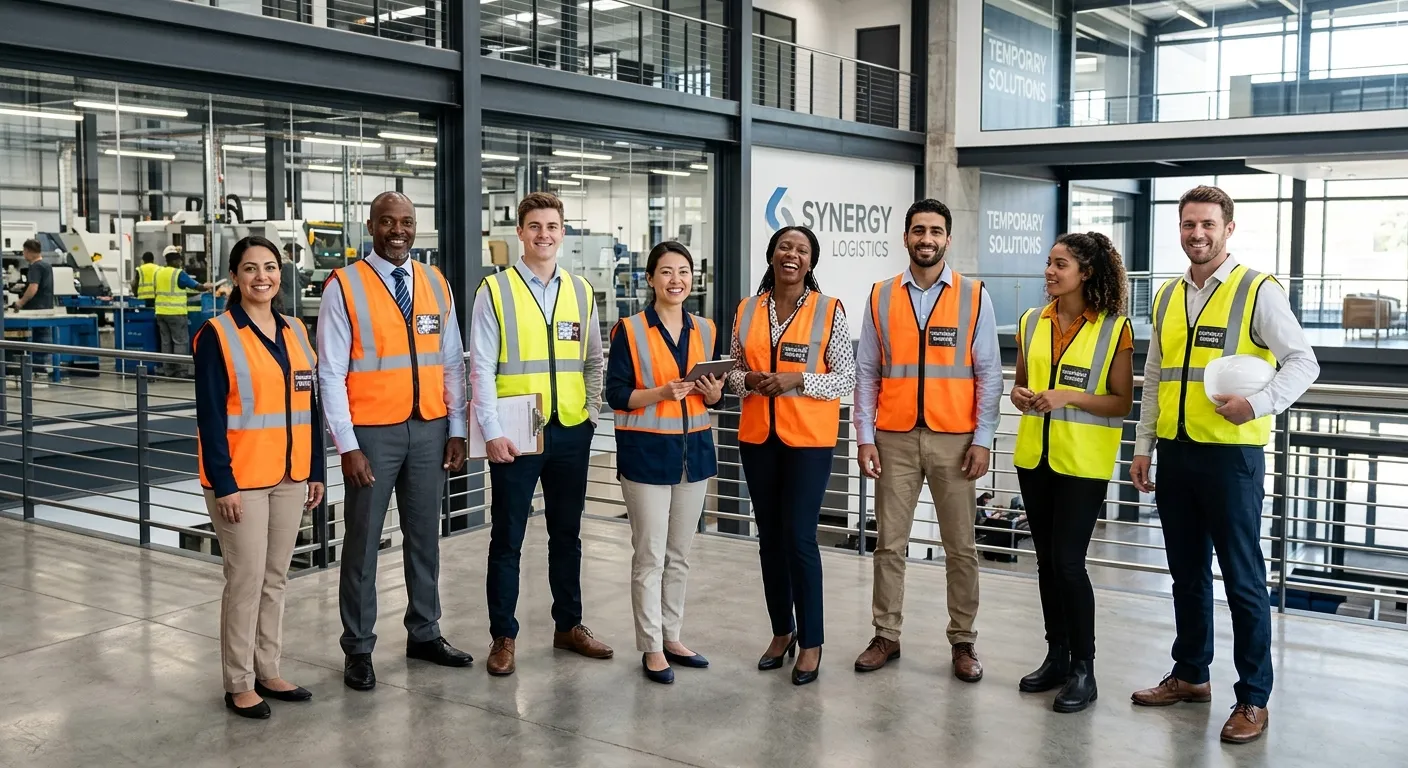 A diverse group of professional temporary workers in high-visibility vests and corporate attire, standing confidently on a modern industrial site or office lobby, looking engaged and ready for work. Style: Professional, high-contrast, aspirational. Mood: Capable, reliable, and dynamic.