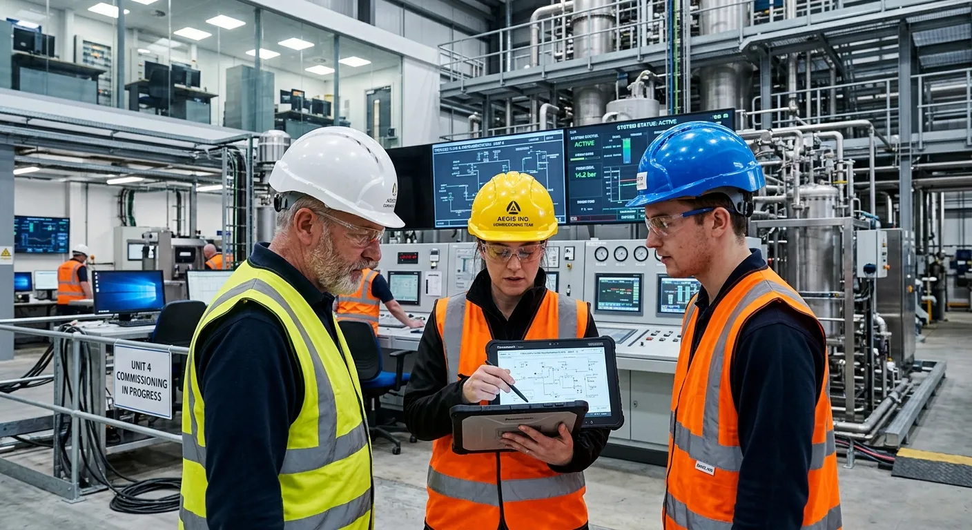 A modern, high-tech industrial control room or a complex construction site during commissioning phase. Engineers in high-visibility vests and hard hats are reviewing schematics on a tablet, with sophisticated machinery in the background. Professional, dynamic, and authoritative mood.