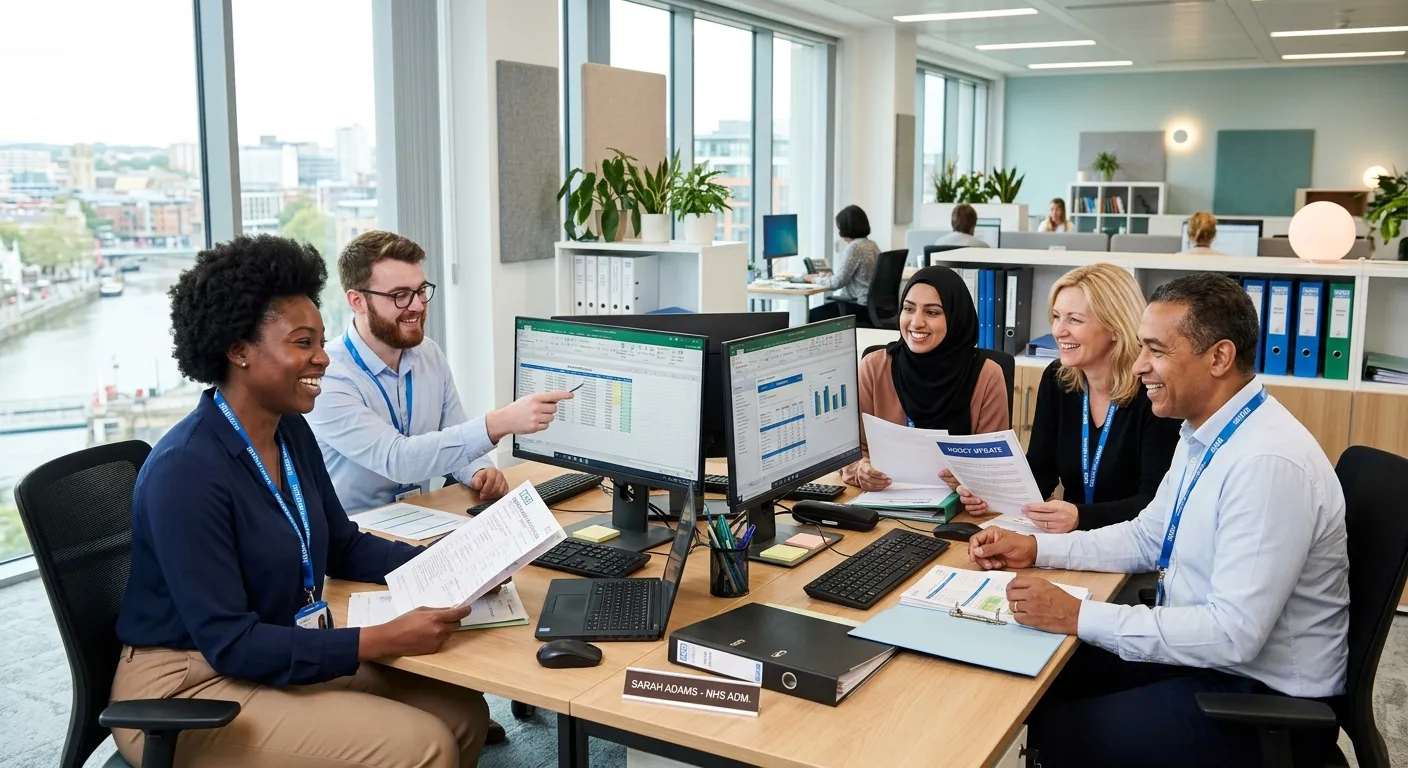 A professional, welcoming image of a modern healthcare administration office in Bristol. A diverse t... A professional, welcoming image of a modern healthcare administration office in Bristol. A diverse team is collaborating at a desk with computers and medical charts, smiling. The style is bright, crisp, and professional, conveying efficiency and care.