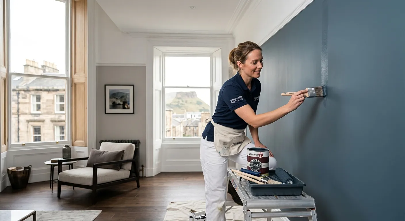 A professional Painter Decorator in clean workwear, meticulously applying a finish to an interior wall in a modern Edinburgh property. The image should convey skill, precision, and a high-quality finish. Style: professional, bright, and aspirational.