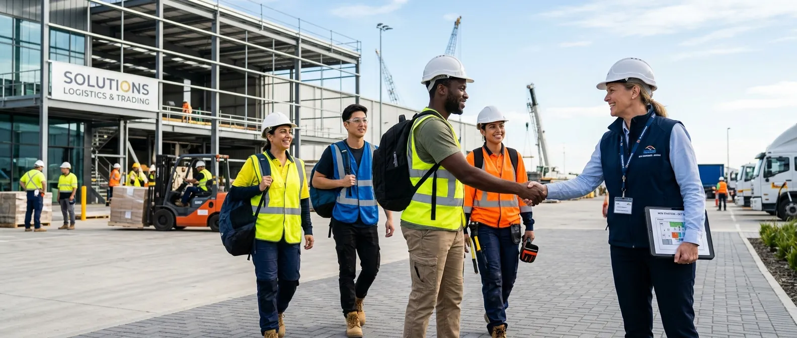 A professional, dynamic hero image showing a diverse group of temporary workers arriving on a modern... A professional, dynamic hero image showing a diverse group of temporary workers arriving on a modern industrial or office site, greeted by a manager. The mood is energetic, reliable, and solution-oriented. Style: High-quality, bright, professional photography.