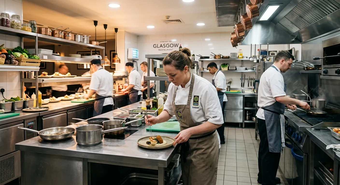 A professional, well-lit kitchen in a Glasgow restaurant or commercial catering facility, with a chef in uniform preparing food. The atmosphere is busy, clean, and efficient.