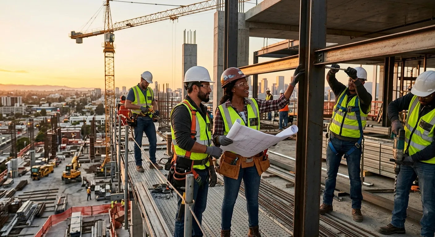 A dynamic, high-energy shot of a diverse team of construction workers collaborating on a modern buil... A dynamic, high-energy shot of a diverse team of construction workers collaborating on a modern building site at golden hour, showcasing teamwork, safety gear, and active machinery in the background. Mood: Professional, trustworthy, and action-oriented.