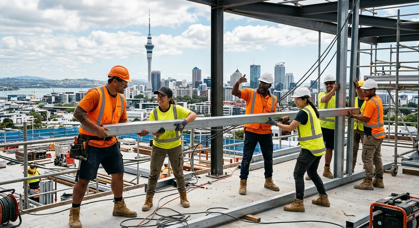 A dynamic, high-energy hero image showing a diverse group of casual labourers in high-visibility gear collaborating on a modern Auckland construction site or warehouse, with the city skyline in the background. Style: Professional, vibrant, action-oriented.