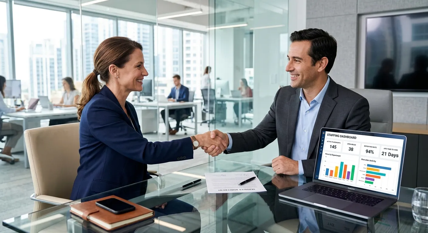 Professional, modern office setting with two business professionals shaking hands over a contract do... Professional, modern office setting with two business professionals shaking hands over a contract document on a glass table. A laptop is open showing a staffing dashboard. Style is bright, clean, and corporate with a focus on trust and partnership.