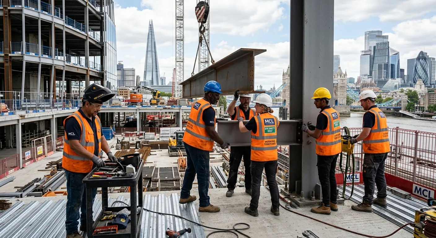 A professional, diverse group of construction labourers in high-visibility vests working together on a modern building site in central London, showcasing teamwork and a safe, active environment.