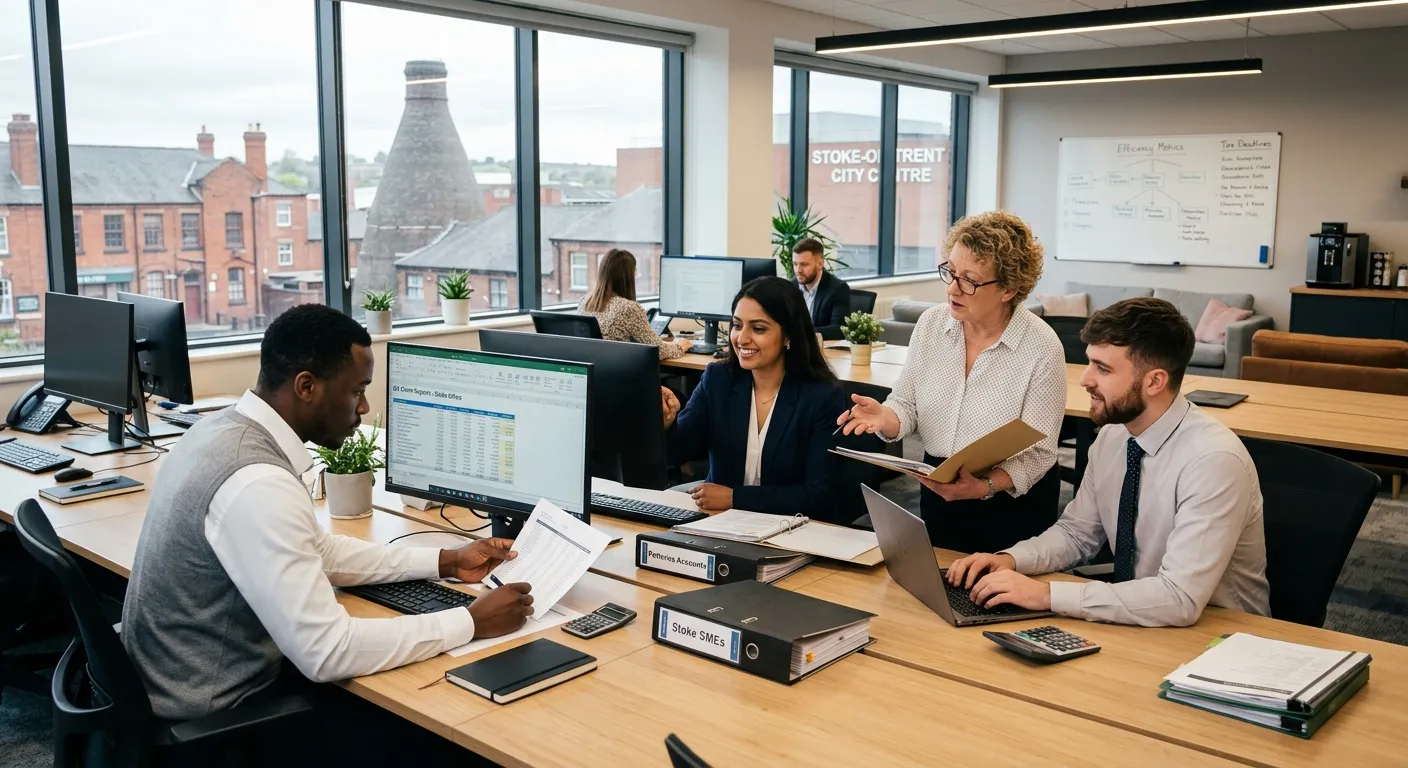 A professional, welcoming office environment in Stoke-on-Trent, showing a diverse team of accounts p... A professional, welcoming office environment in Stoke-on-Trent, showing a diverse team of accounts professionals collaborating at a modern workspace, with a focus on organisation and efficiency.