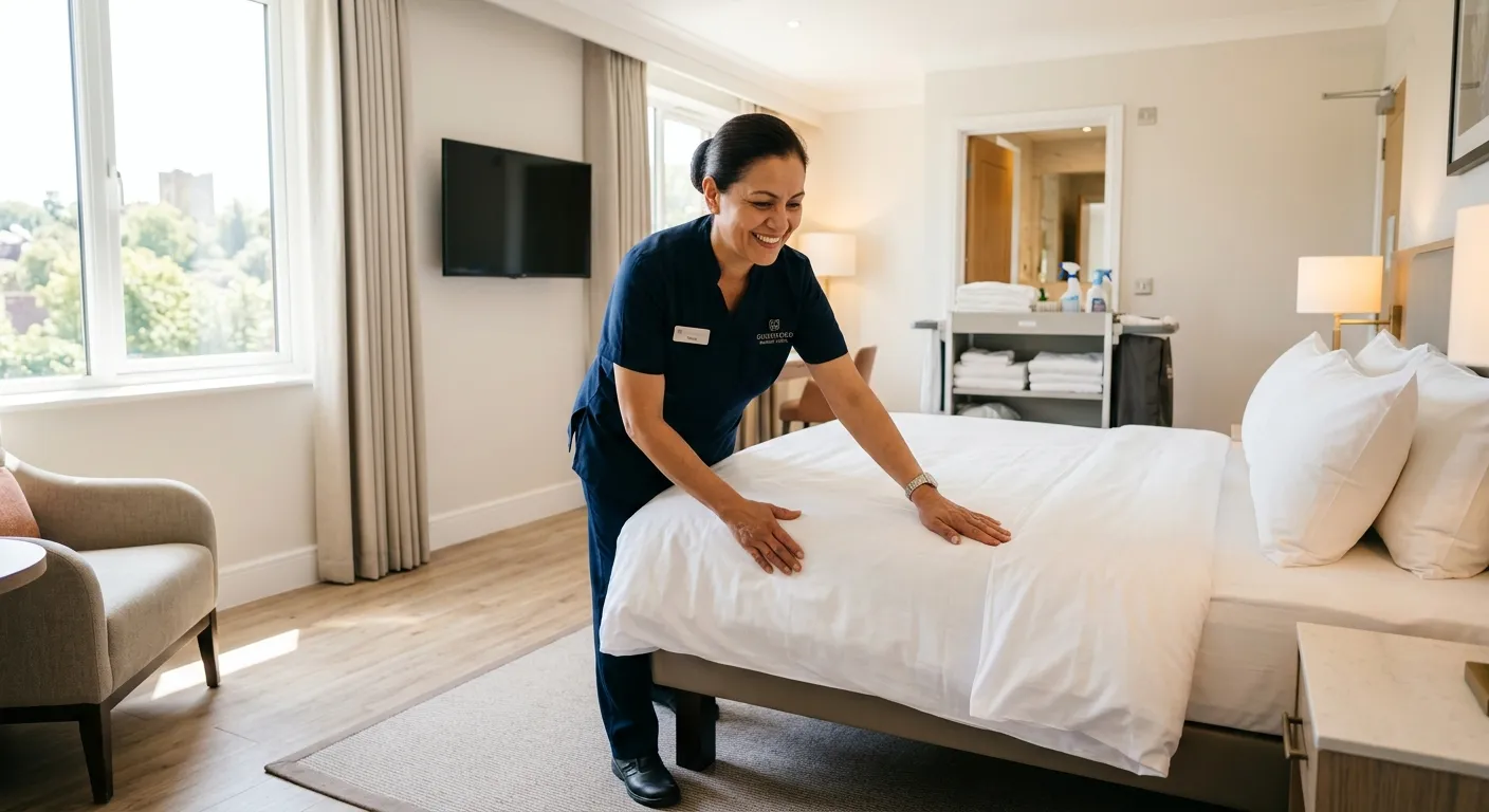 A professional, welcoming housekeeper in a clean, bright hotel room in Guildford, smiling and making a bed with precision. Focus on cleanliness, attention to detail, and a positive work environment.