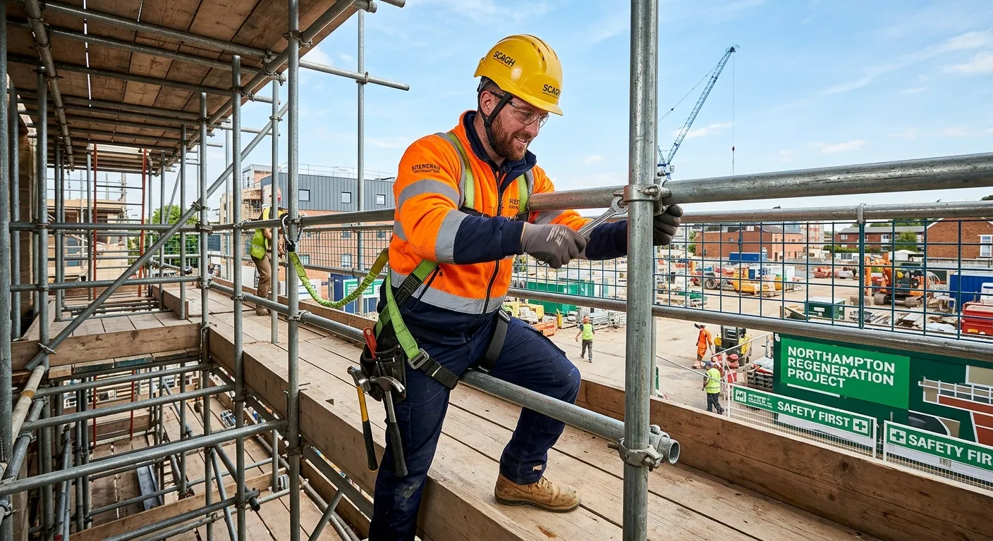 A professional, high-energy shot of a competent scaffold labourer in full PPE (hard hat, hi-vis, gloves) safely assembling a scaffold structure on a bright, active construction site in Northampton, conveying teamwork and skill.