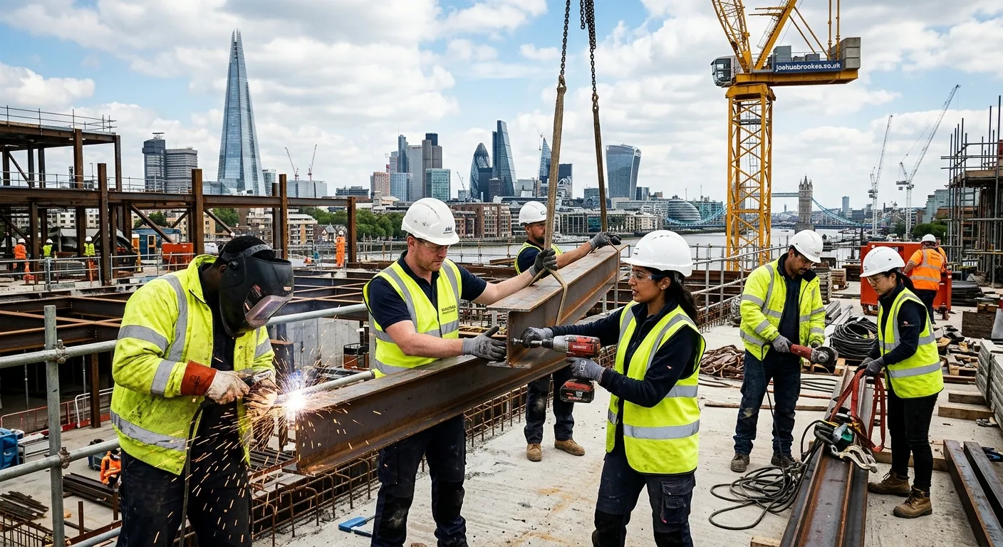A dynamic, high-energy photo of a diverse group of skilled labourers working on a modern London cons... A dynamic, high-energy photo of a diverse group of skilled labourers working on a modern London construction site against a backdrop of iconic London skyline, showcasing teamwork and industry.