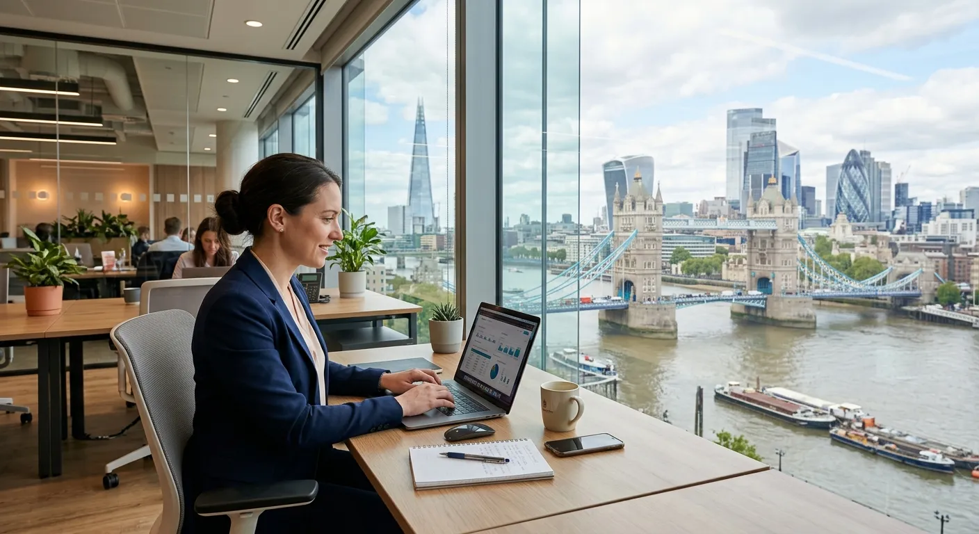 Professional, aspirational image of a modern office environment in the South Bank area, with a perso... Professional, aspirational image of a modern office environment in the South Bank area, with a person working efficiently on a laptop, featuring iconic London skyline views like the Shard and Tower Bridge in the background. Style: Bright, realistic, professional.
