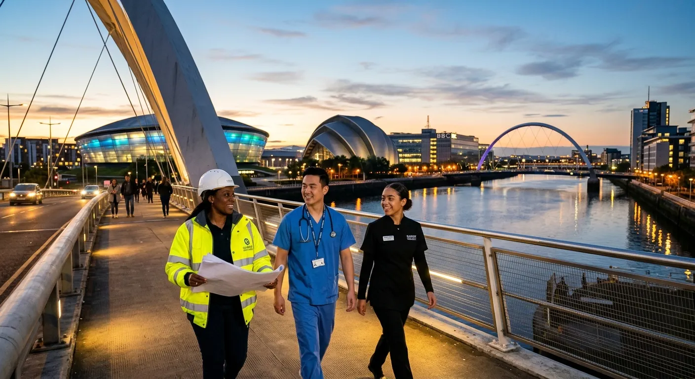 A dynamic, professional shot of Glasgow's modern skyline, perhaps from the Clyde Arc bridge, with a subtle overlay of diverse professionals in construction, healthcare, and hospitality gear, symbolizing the multi-sector workforce. Style: Modern, hopeful, energetic.