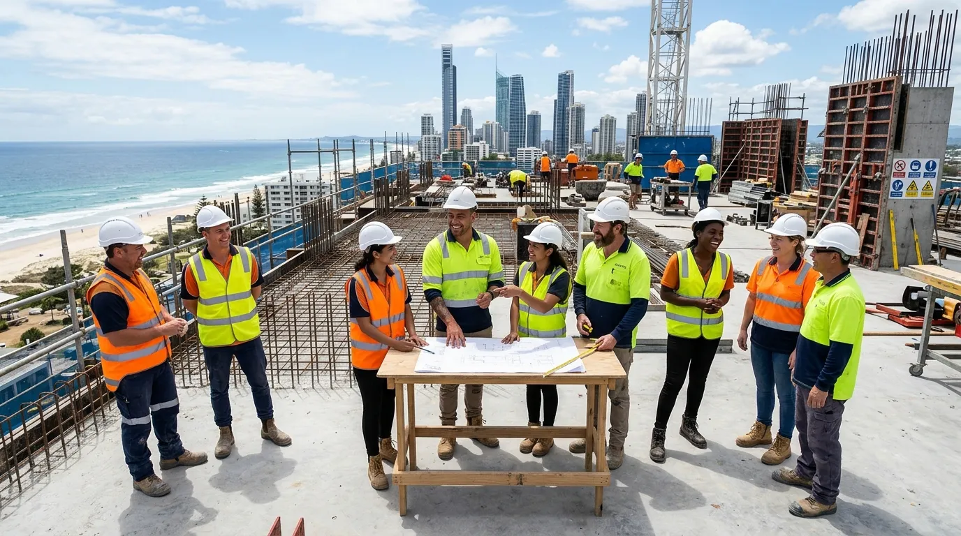 Wide-angle shot of a diverse team of casual labourers on a sunny Gold Coast construction site, smili... Wide-angle shot of a diverse team of casual labourers on a sunny Gold Coast construction site, smiling and collaborating, showcasing a dynamic and professional work environment.