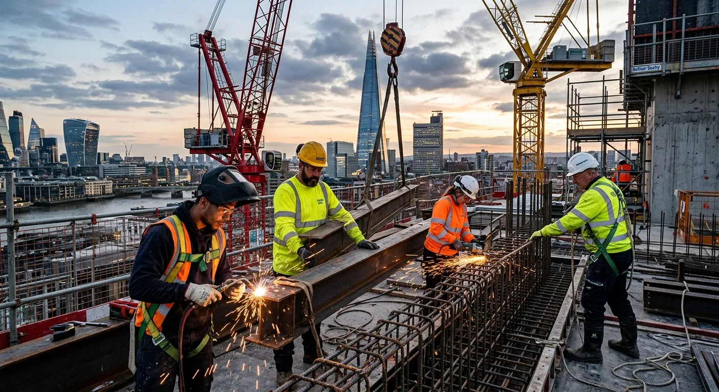 A dynamic, high-energy shot of skilled labourers working on a modern London construction site, such... A dynamic, high-energy shot of skilled labourers working on a modern London construction site, such as Canary Wharf or the Shard. The image should convey professionalism, teamwork, and industrial strength, with a focus on safety gear and active work.