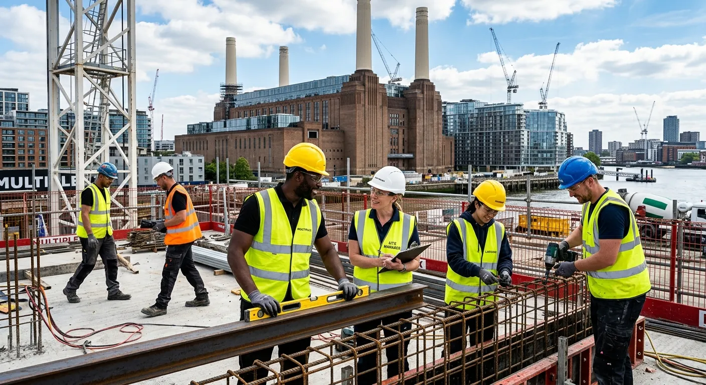 A high-energy, professional shot of a diverse team of construction labourers and site managers worki... A high-energy, professional shot of a diverse team of construction labourers and site managers working together on a modern London construction site, such as at Battersea Power Station or a Canary Wharf development. Focus on safety gear, action, and teamwork. Style: Professional, vibrant, and industrious.
