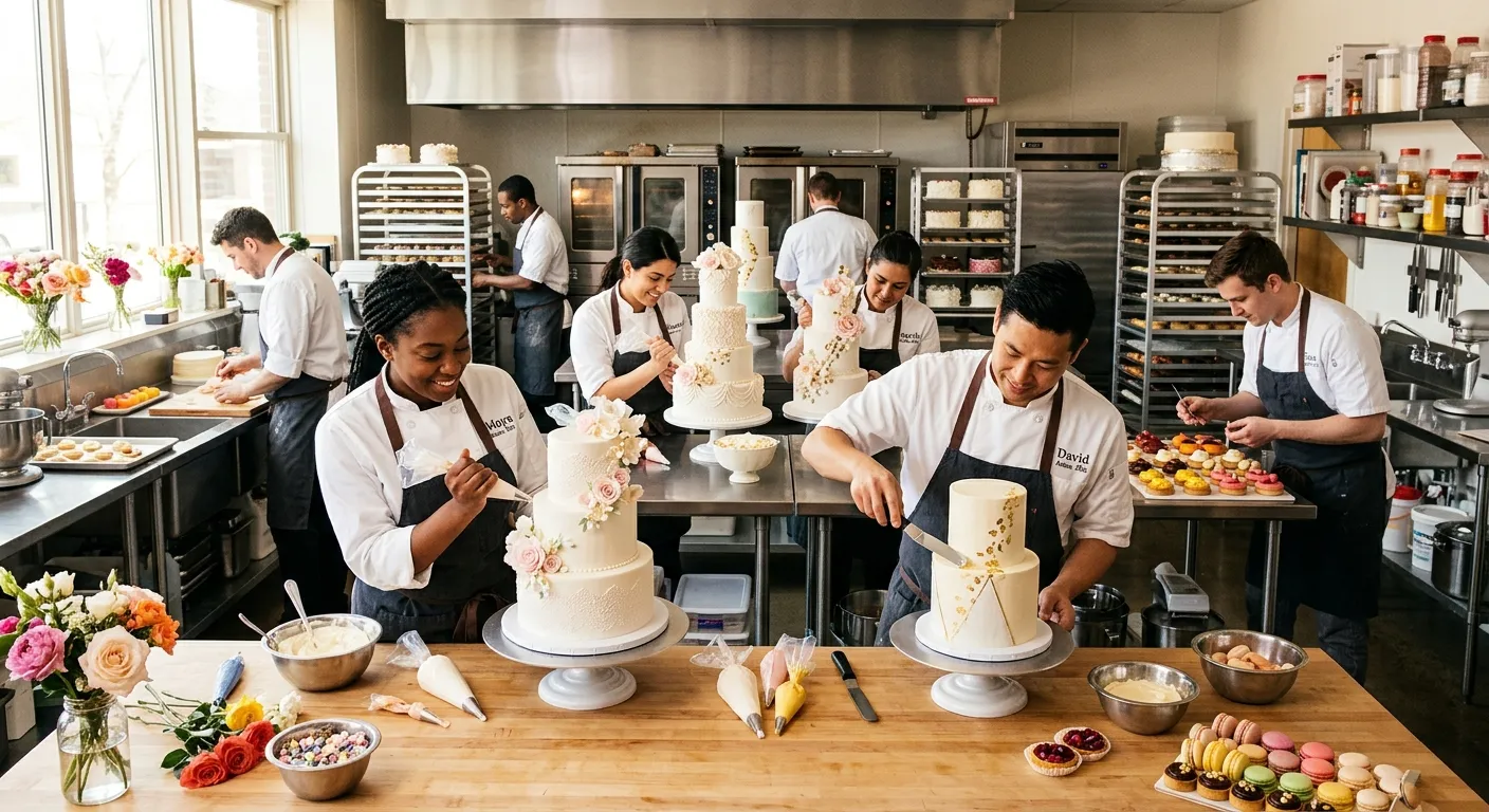 A high-energy, professional kitchen scene with a diverse team of pastry chefs meticulously decorating wedding cakes and artisan pastries. Style: Bright, vibrant, and inviting. Mood: Skilled, collaborative, and productive.
