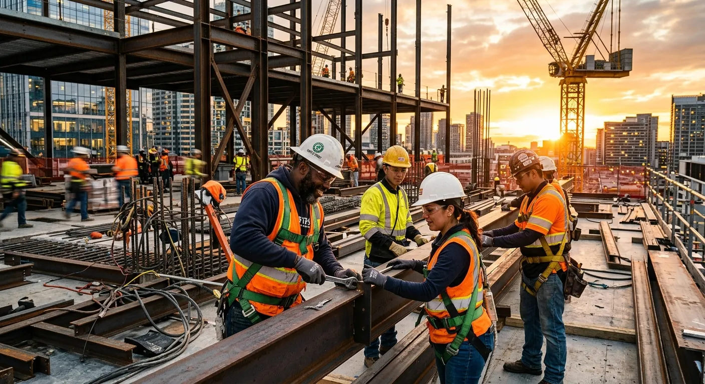 A high-contrast, dynamic image of a diverse construction team on a modern urban site at golden hour. Workers are engaged, wearing hi-vis gear and hard hats, with cranes and structured steel in the background. Professional, inspiring, and energetic mood.