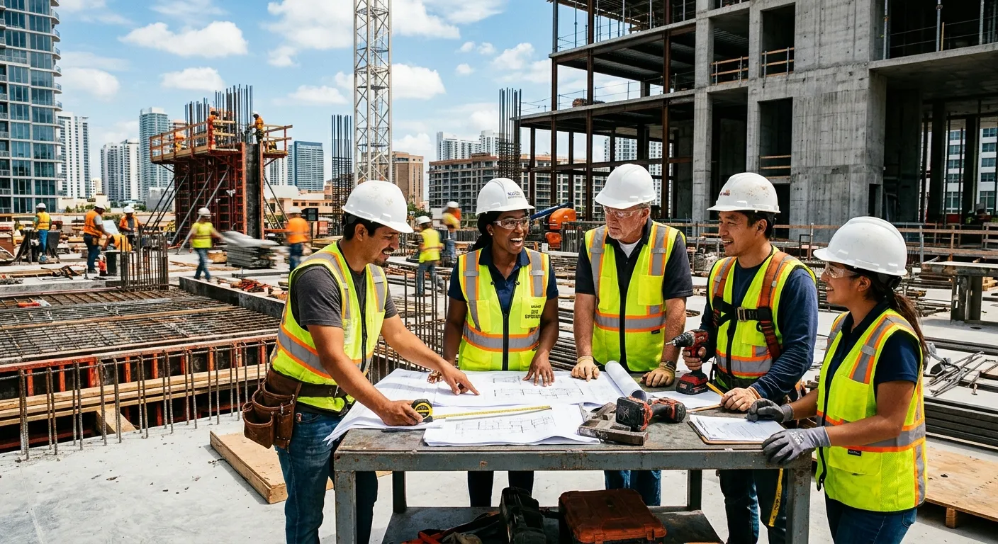 A high-energy, professional photograph of a diverse construction team in hard hats and hi-vis vests collaborating on a modern building site during the day, showcasing teamwork and active engagement. Industrial, vibrant, and professional mood.
