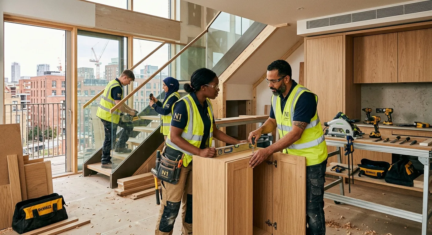 A professional, diverse group of carpenters and joiners collaborating on a high-quality interior fit-out in a modern London N1 development, showcasing precision work with tools and finished joinery. Style: Professional construction site photography with warm, natural lighting.
