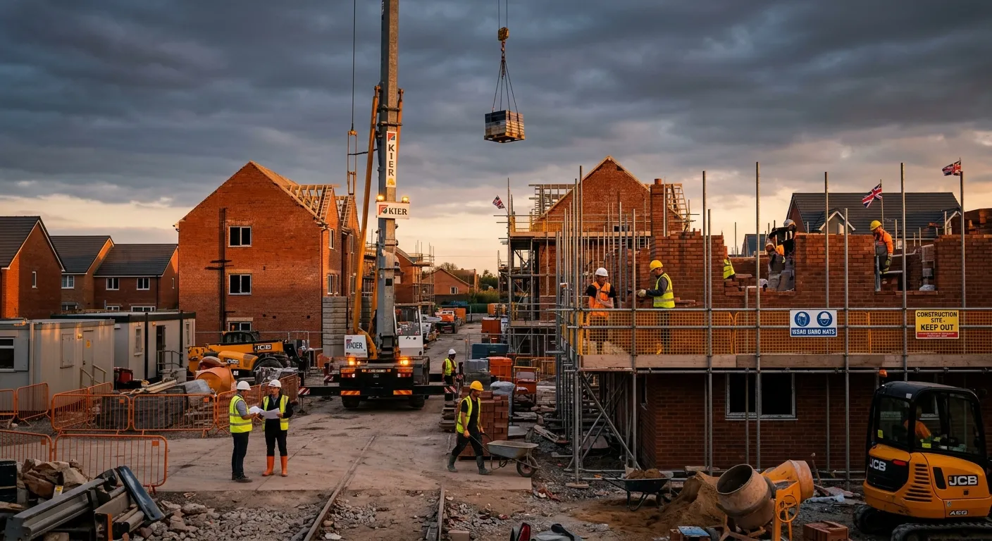 A modern UK residential construction site at golden hour, brickwork rising, workers in high-vis vest... A modern UK residential construction site at golden hour, brickwork rising, workers in high-vis vests and helmets, clean industrial composition, amber safety accents, slate sky, professional and energetic mood
